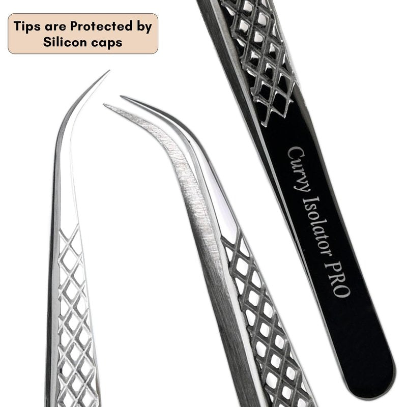 CrossEdge Corporation – 14 cm Curved Isolation Tweezer for Eyelash Extensions | Diamond Grip Handle & Silver Polish Finish | Precision Lash Tweezers for Classic & Volume Lashes