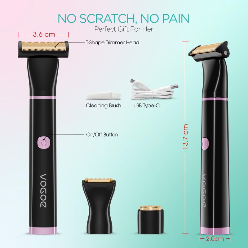 VOGOE Bikini Trimmer for Women, 3-in-1 Electric Razors for Women, Cordless Compact Waterproof Pubic Hair Trimmer for Body, Face & Bikini Area (Black)