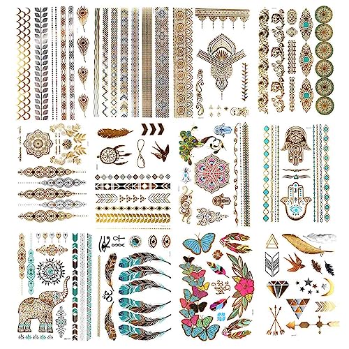 12 Sheets Gold & Silver Metallic Temporary Tattoos - Waterproof & Long Lasting