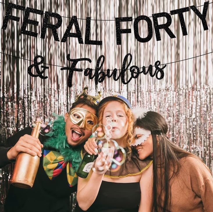 Feral Forty & Fabulous Birthday Banner - Black Glitter Party Decor
