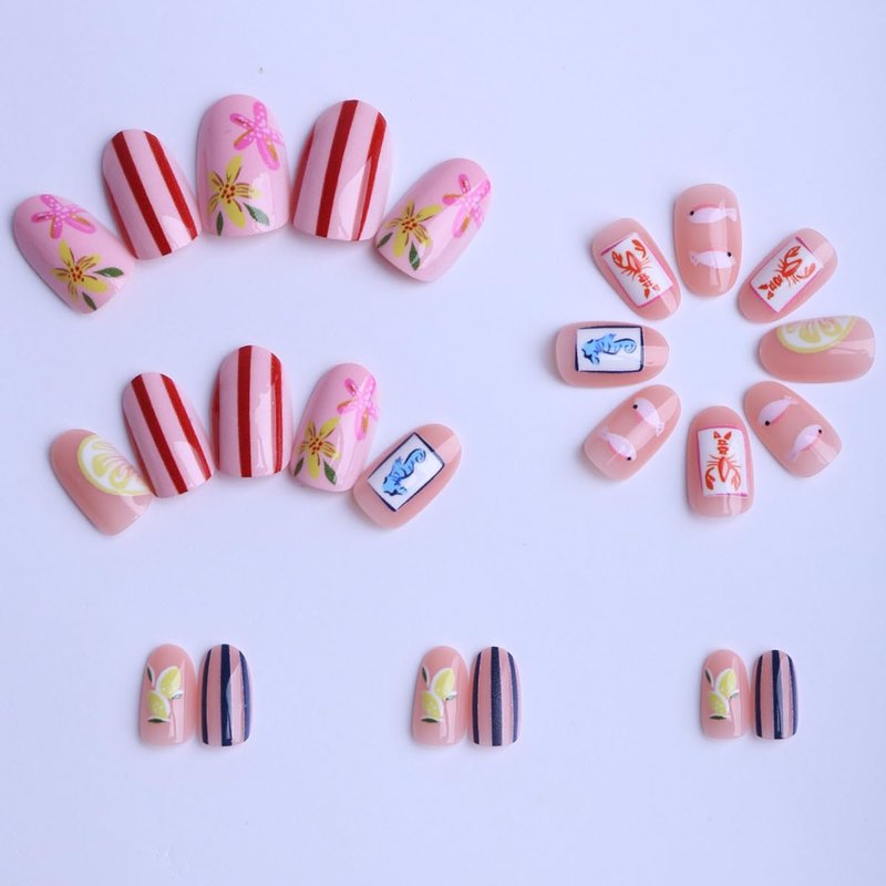 Summer Press-On Nails - Short Oval Fake Nails with Lemon Flower & Seahorse Design | Reusable 24 Pcs for Easy Application