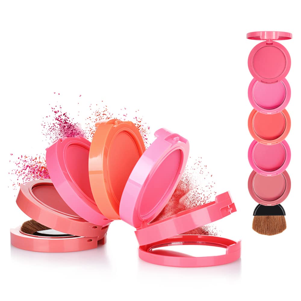 5 Colors Blush Palette, Highly Pigmented Buildable Powder Blusher, Smooth Blendable Long Lasting Face Contour Makeup with Mirror & Brush, Portable Travel-Friendly Multi Shade Cheek Color