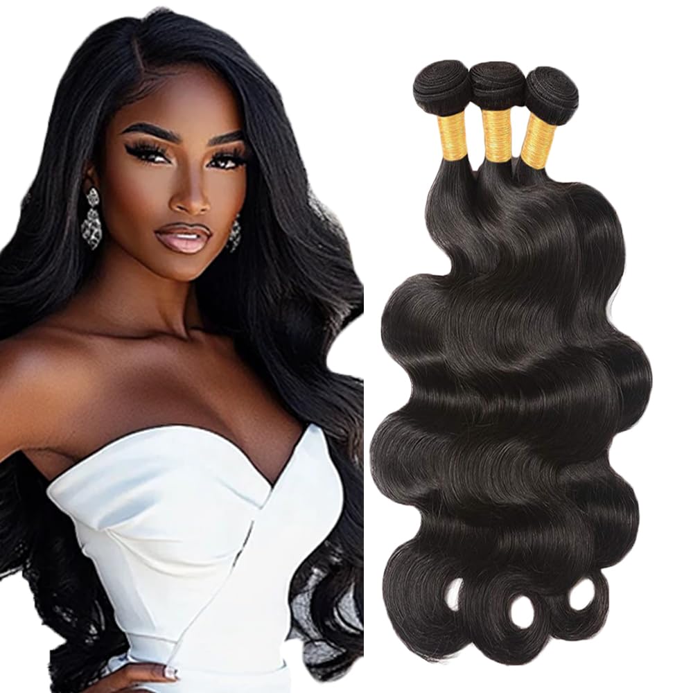 #1B Human Hair Bundles Natural Color Body Wave Bundles 34 34 34 Inch Unprocessed Brazilian Virgin Hair 3 Bundle 50 Gram Per Bundle Deals Quick Weave Hair Extensions