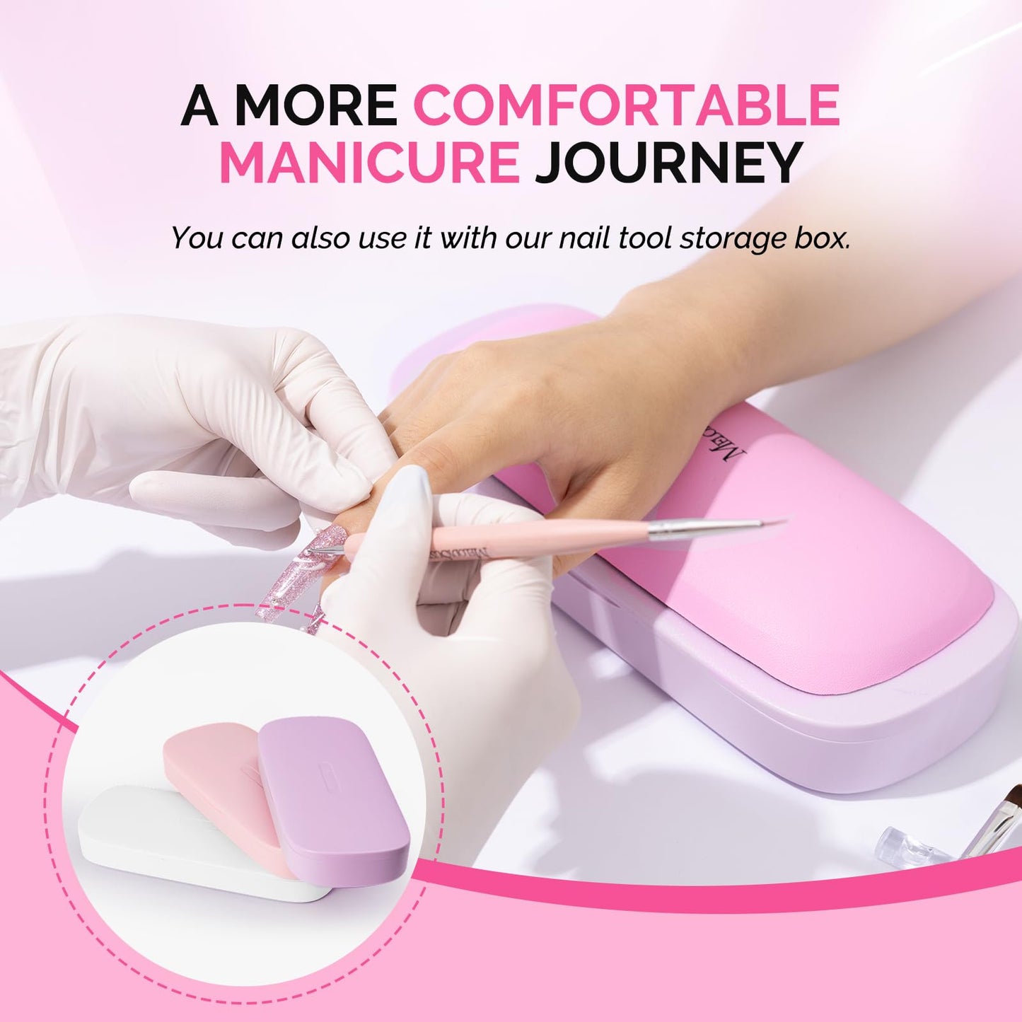 MelodySusie Nail Arm Rest, Soft PU Leather Wrist Support Cushion, Portable Hand Rest for Acrylic Gel Nail Art, Easy-Clean for Home Salon Travel, Pink