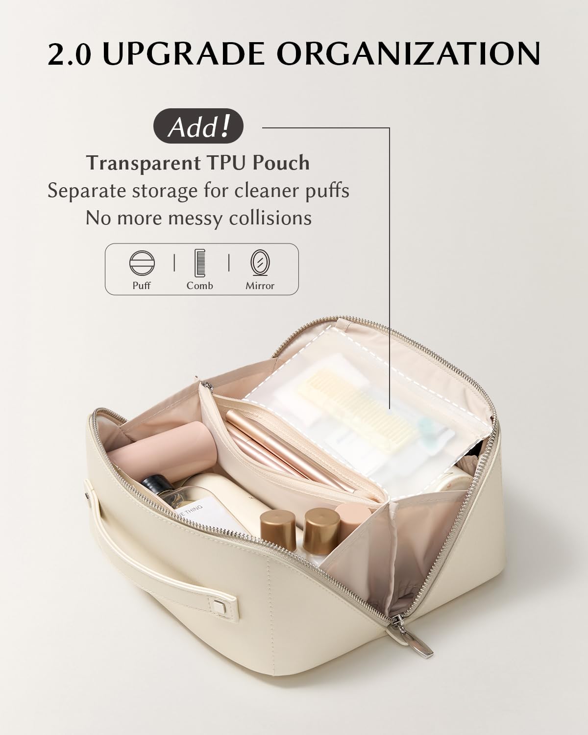 EACHY Travel Makeup Bag, 2.0 Cosmetic Bag for Women, Waterproof PU Leather,Flat Open Portable Toiletry Bag for Skincare, Brushes & Travel Essentials