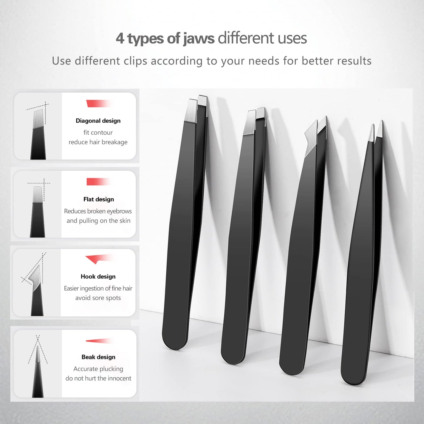 Derlaier Tweezers Set Professional High Precision Stainless Steel Eyebrow Remover Ingrown Hair & Splinter Removal Kit Facial Hair Grooming Tools for Men Women Black 4 Pcs
