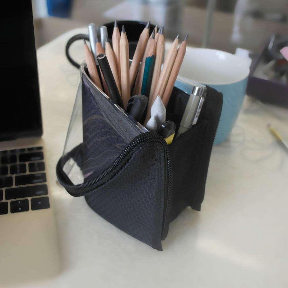 ANEMEL Black Travel Makeup Brush Holder 2-Pack, Organizer Bag Clear Plastic Cosmetic Zipper Pouch Portable Waterproof Dust-Free Stand-Up Small Toiletry Stationery Bag with Divider