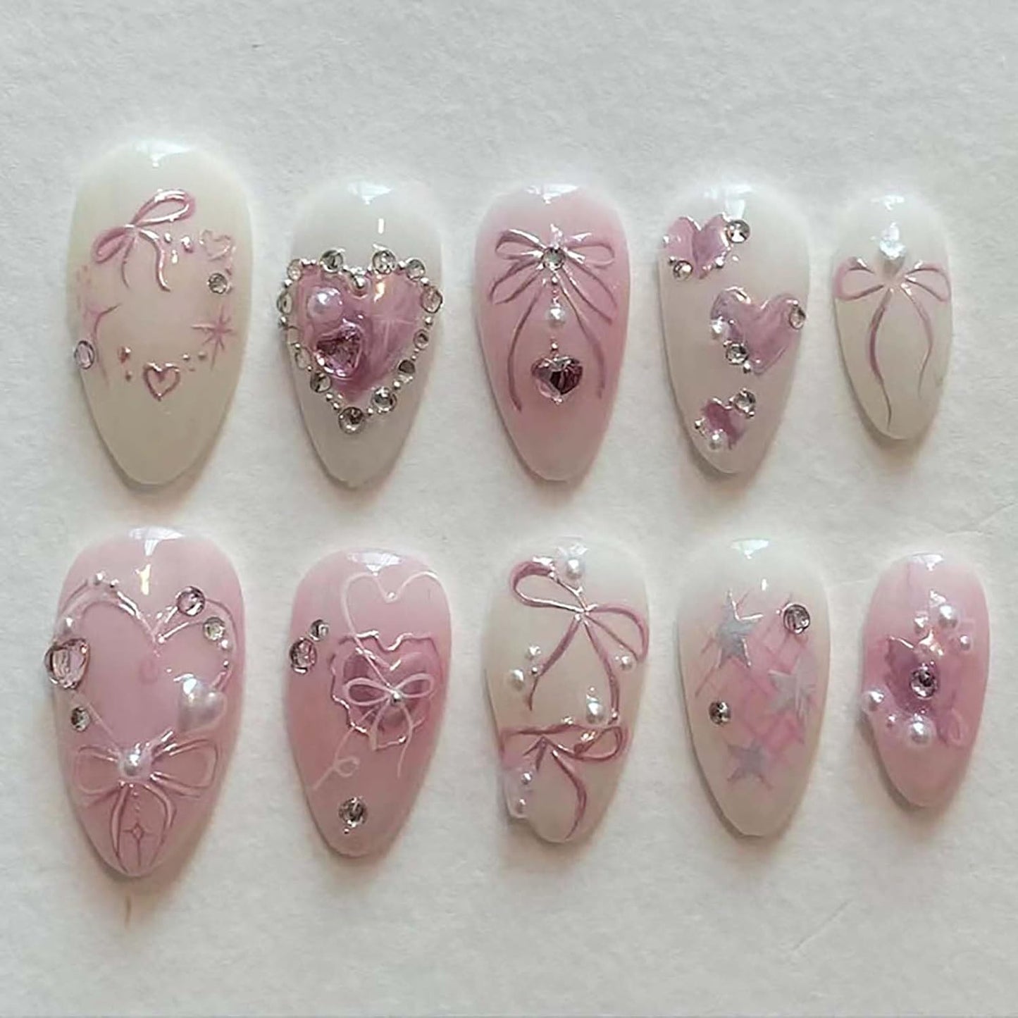 Press-On Nails - 24Pcs Medium Almond Beach Flower Design | Full Cover Acrylic with Shell & Starfish Rhinestones