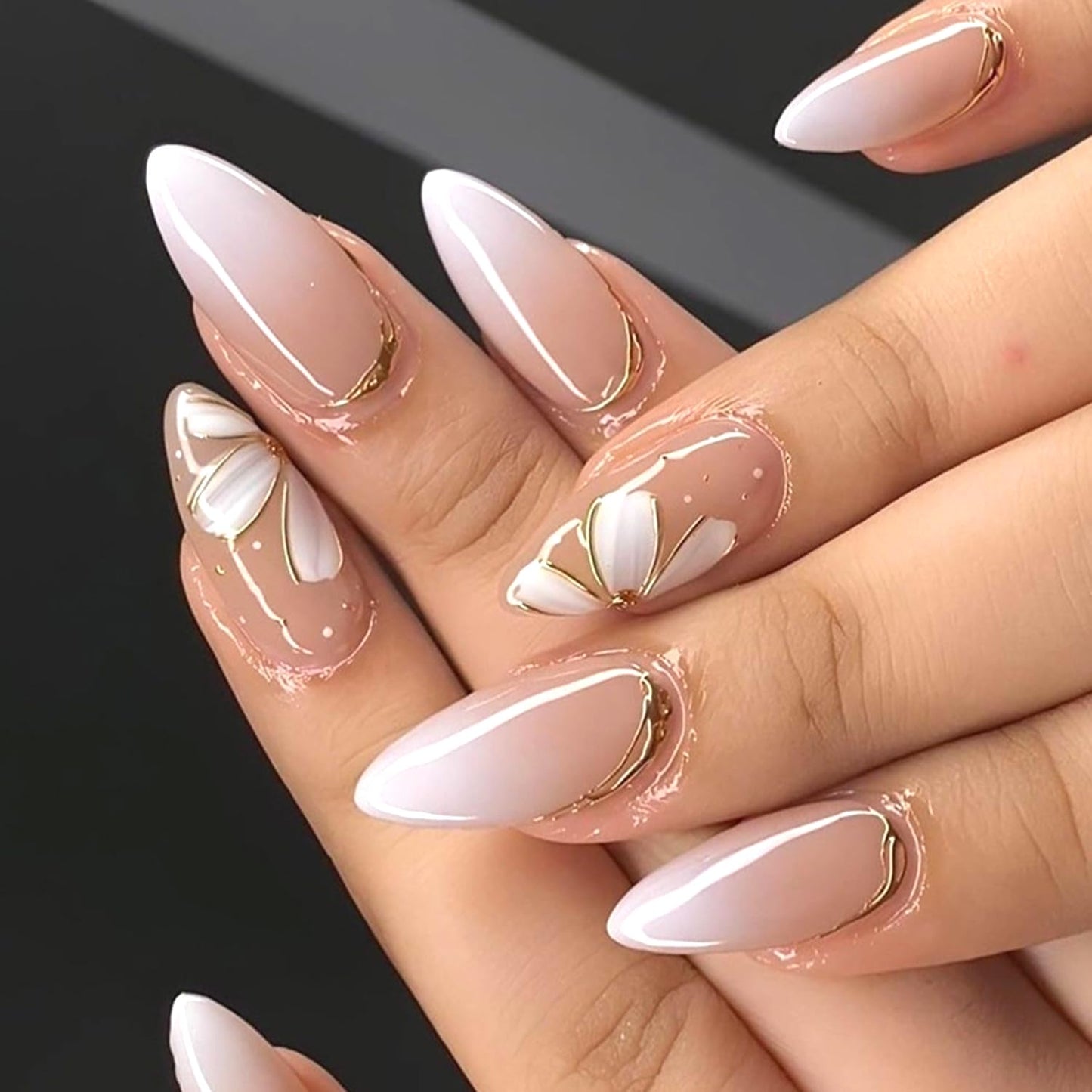 Flower Press On Nails - Medium Almond False Nails with White Gradient Design | Reusable Glossy Acrylic for Women