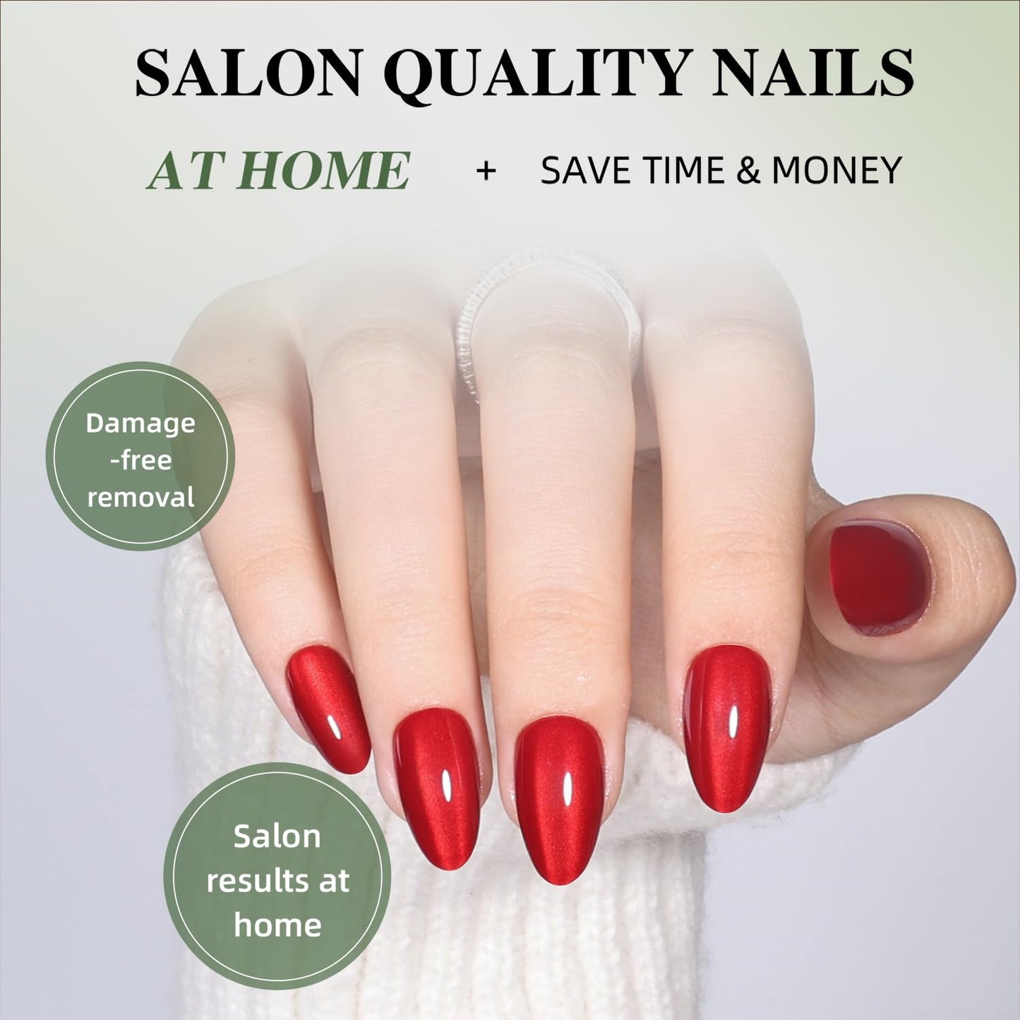 Red Cat Eye Press On Nails - Almond Short Reusable Fake Nails | 32pcs in 16 Sizes, Garnet Color