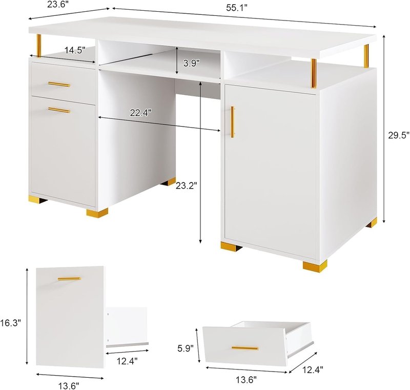 White Nail Desk for Nail Tech | 55-Inch Manicure Table with 2 Drawers & Adjustable Shelf - Elegant White & Gold Design
