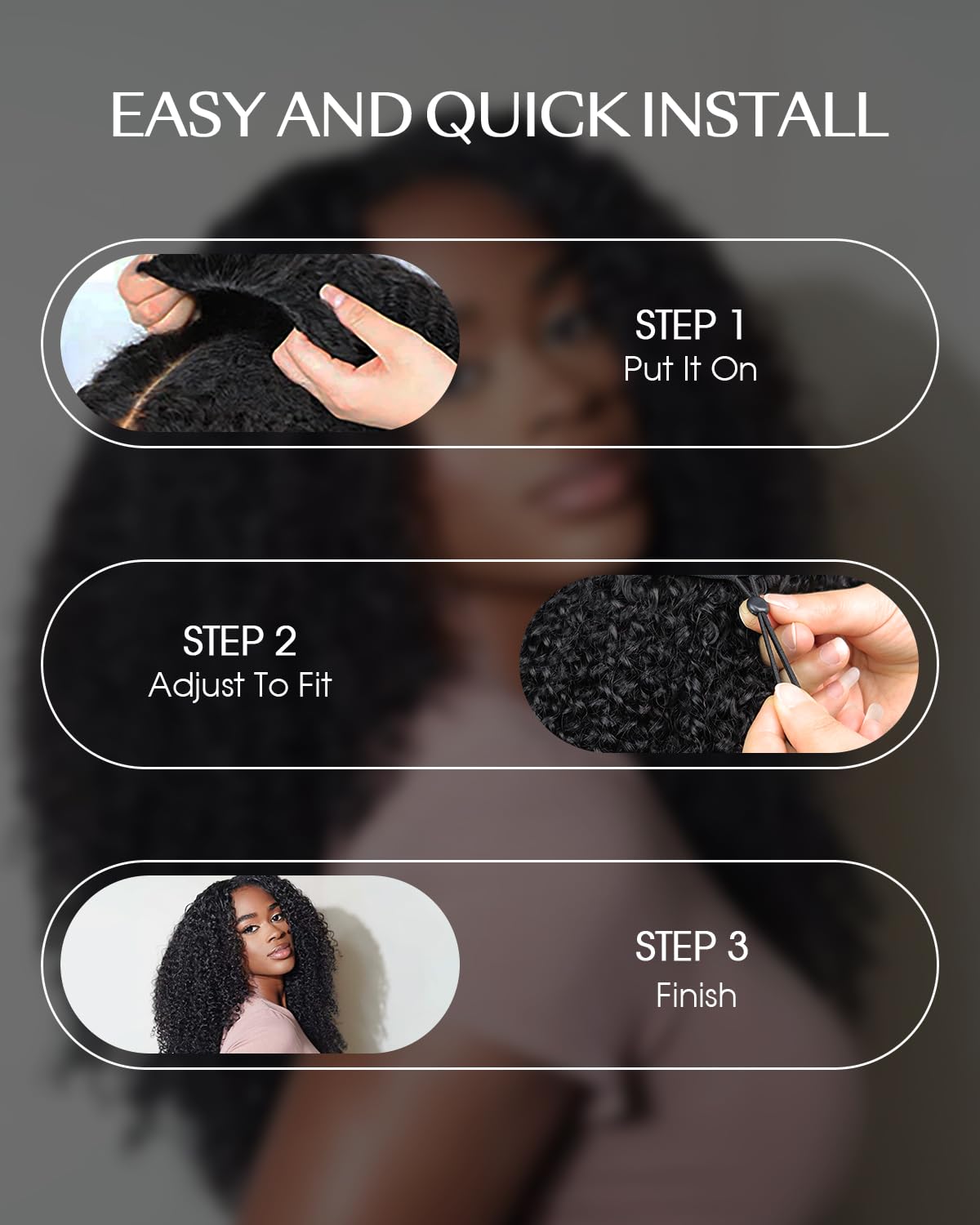 Kinky Curly Half Wig - 200% Density Human Hair | Glueless 3-in-1 Flip Over Headband Wig for Women - 16 Inch