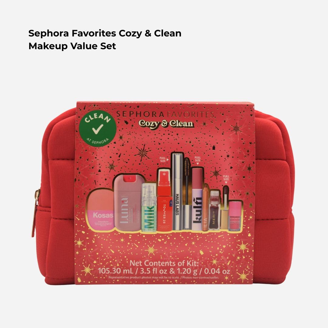 Cozy & Clean Makeup Holiday Gift Set | 9 Clean Beauty Essentials, Lip, Primer, Mascara & Skincare