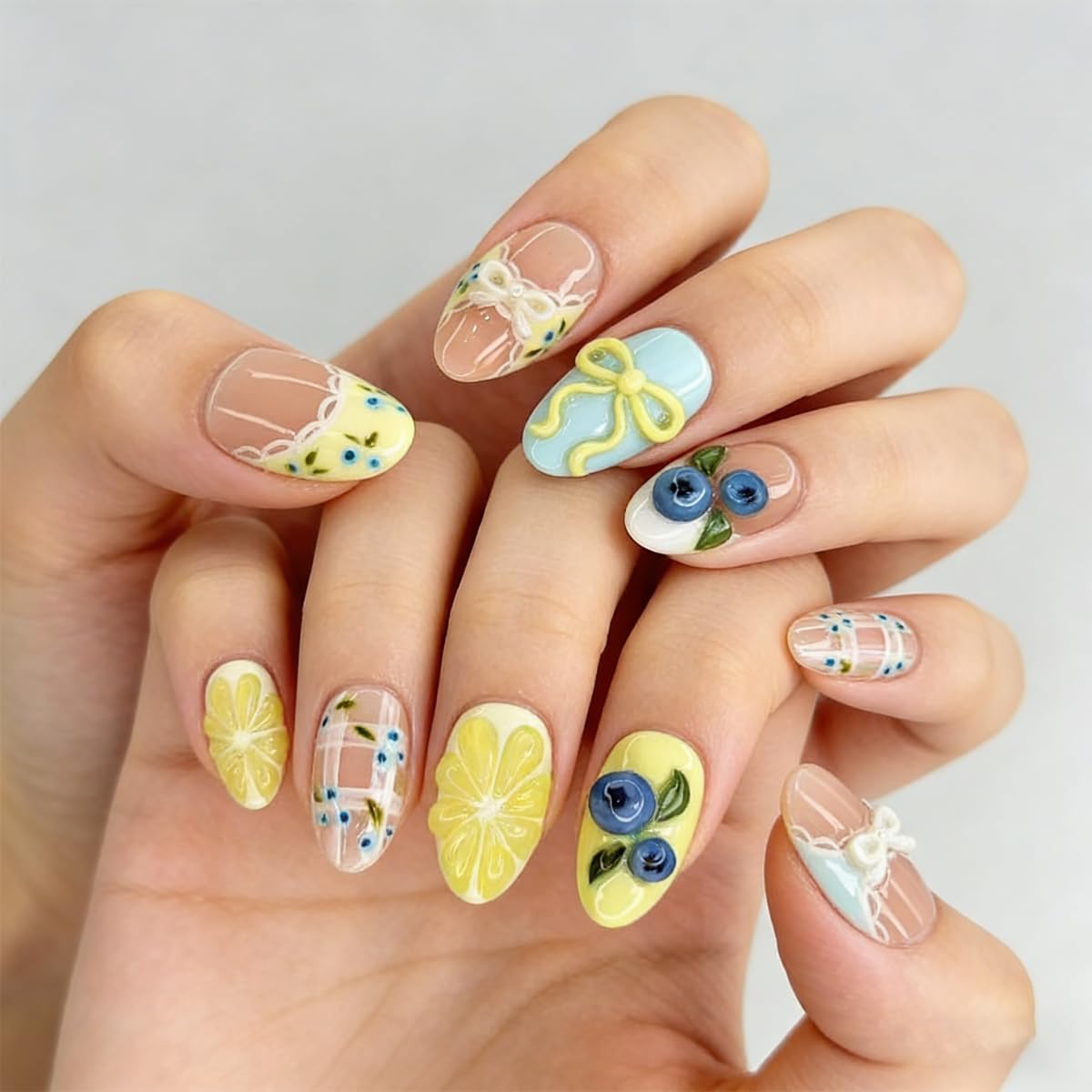 3D Lemon Blueberry Press-On Nails - Almond Shape Glossy Fruit Design | 30Pcs Handmade Acrylic Nail Art Tips for Summer