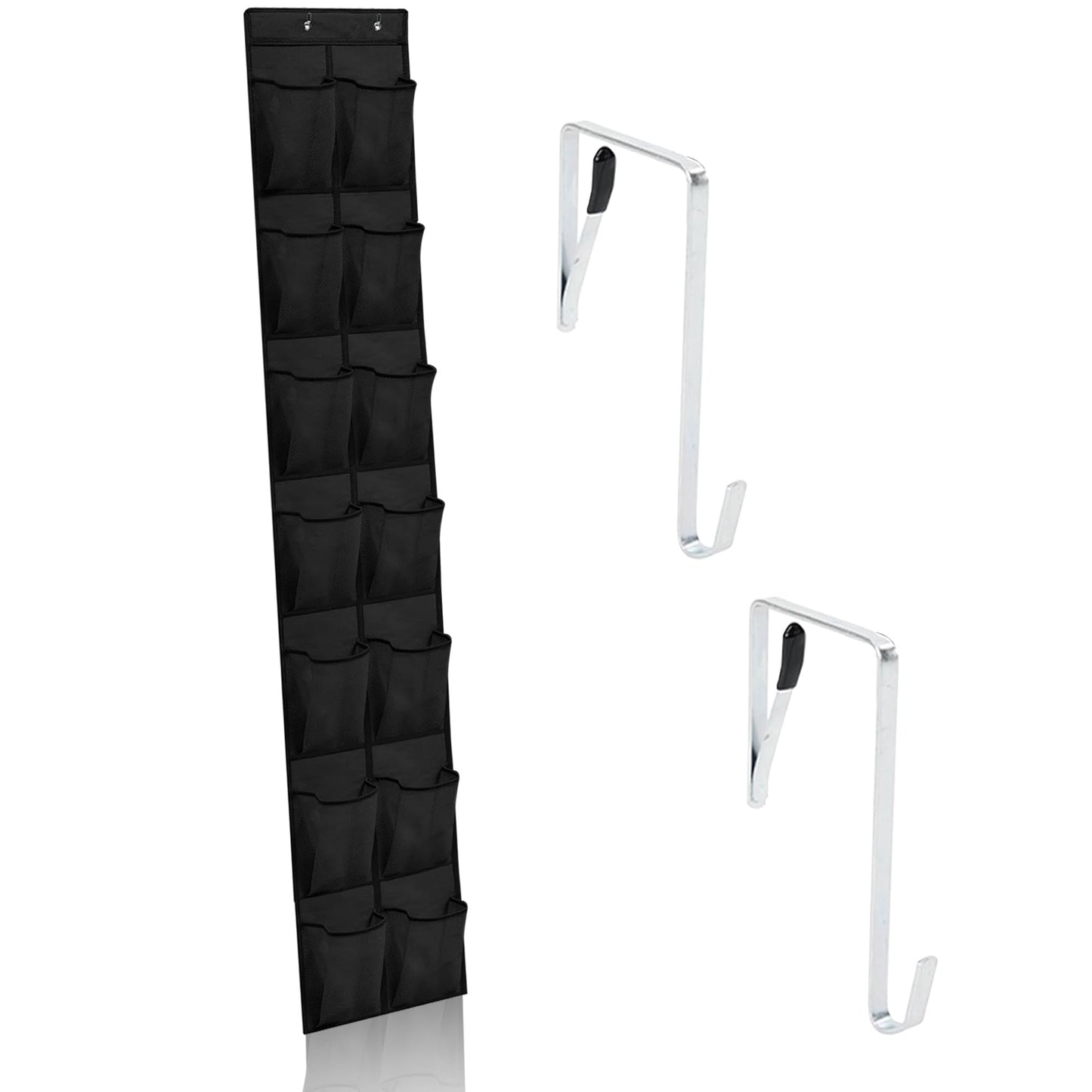 Over the Door Shoe Organizer with 14 Large Mesh Pockets, Space Saving Hanging Storage for Shoes & Accessories, Holds up to 40 lbs, Black Closet Rack Hanger BLACK