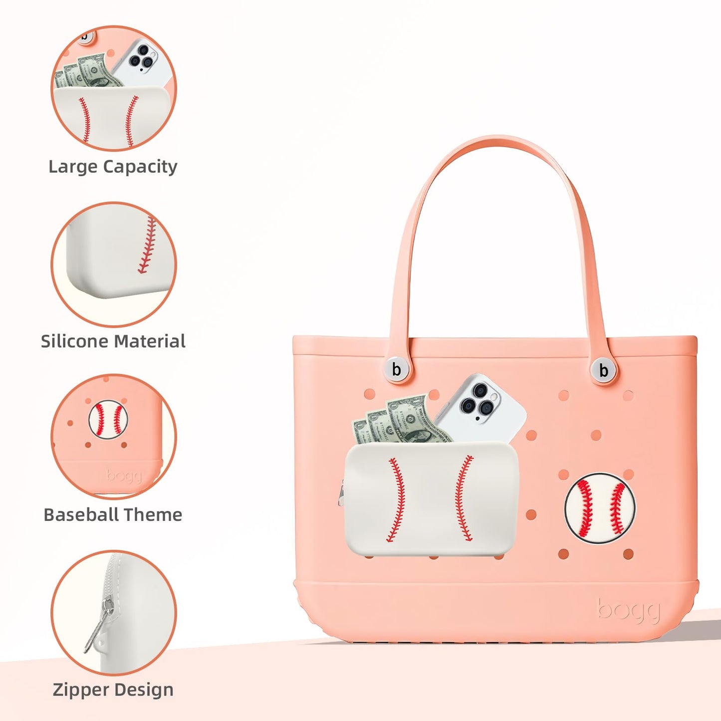 HMGES Baseball Silicone Zipper Pouch for Bogg Bag,Includes 1 Baseball Charm