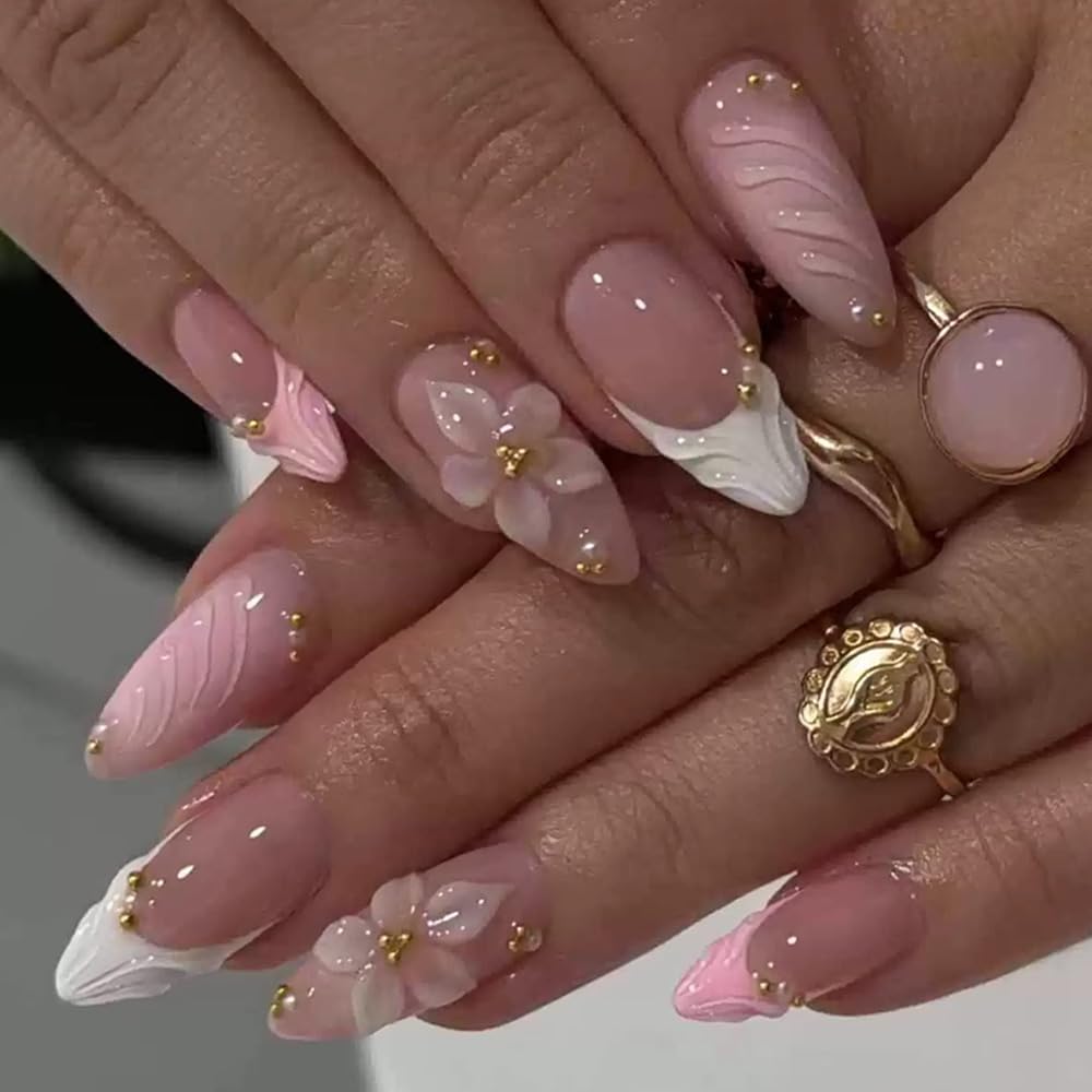 Press On Nails - Orange Almond Shape with Gold Glitter Swirl | 24 Pcs Acrylic Fake Nails for Women