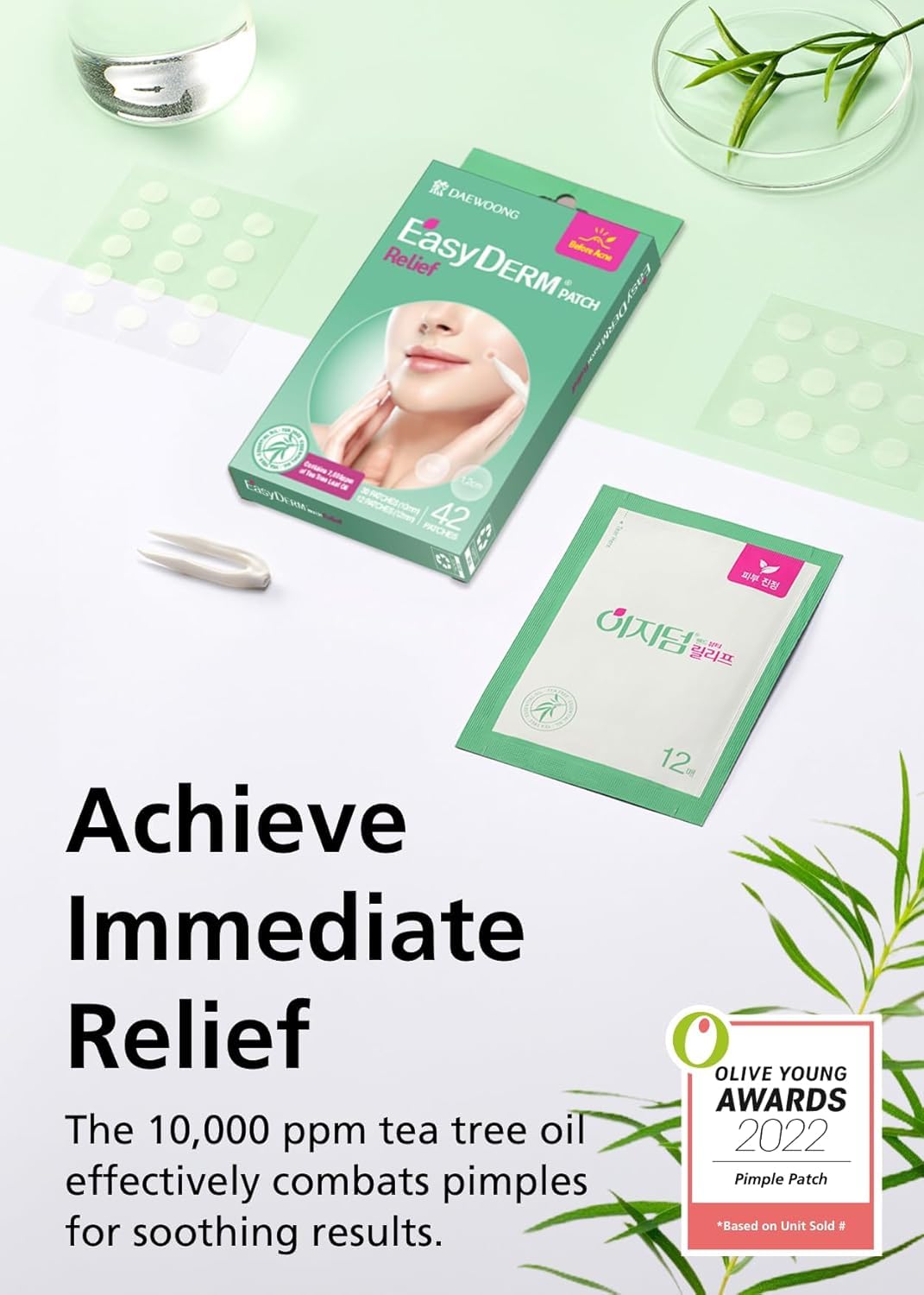 EasyDerm Relief Invisible Patch 4 Packs (168 Patches) | 10,000 ppm Tea Tree Oil, Ultra-Slim 0.1mm, Waterproof Acne Patch, Clear Skin Essential for Daily Care, Summer & Travel Essentials