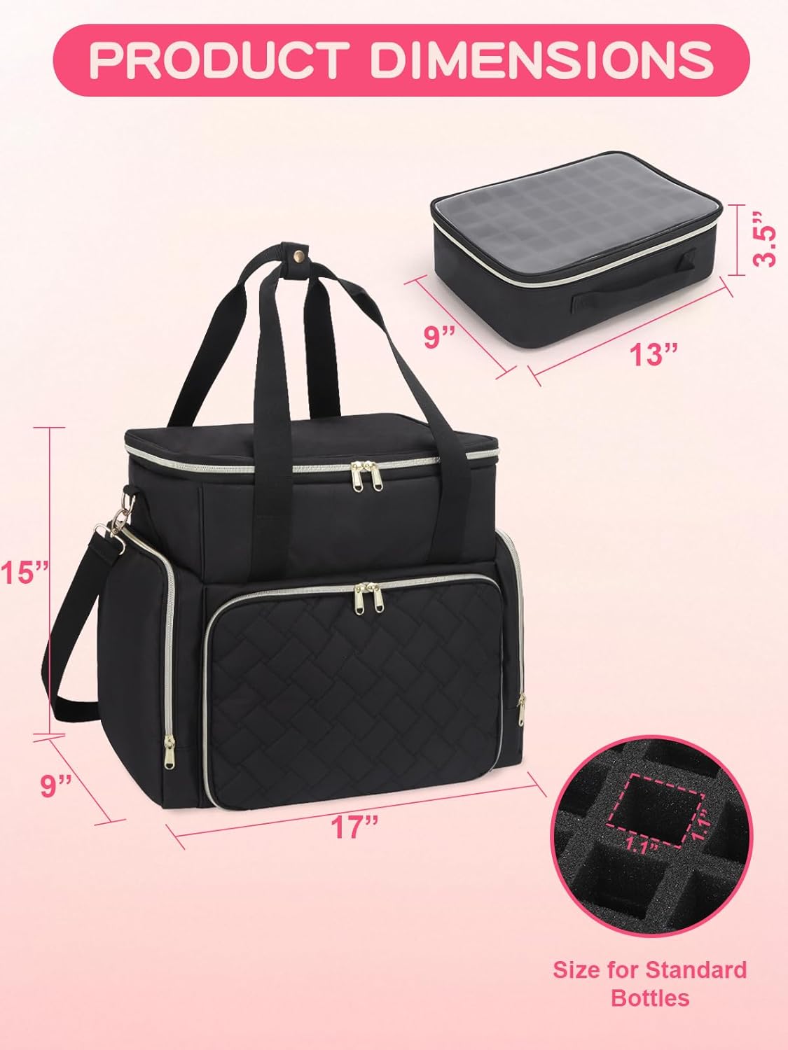 Nail Polish Organizer Case - Holds 96 Bottles (15ml) & Nail Dryer | Gel Polish Bag with 2 Removable Pouches, Black