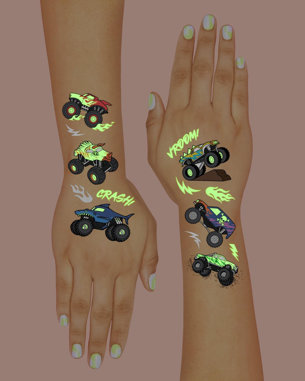 Glow In The Dark Monster Truck Temporary Tattoos - 50 Unique Foil Designs | Perfect for Boys' Birthday Parties, Race Car Favors, Kids Crafts