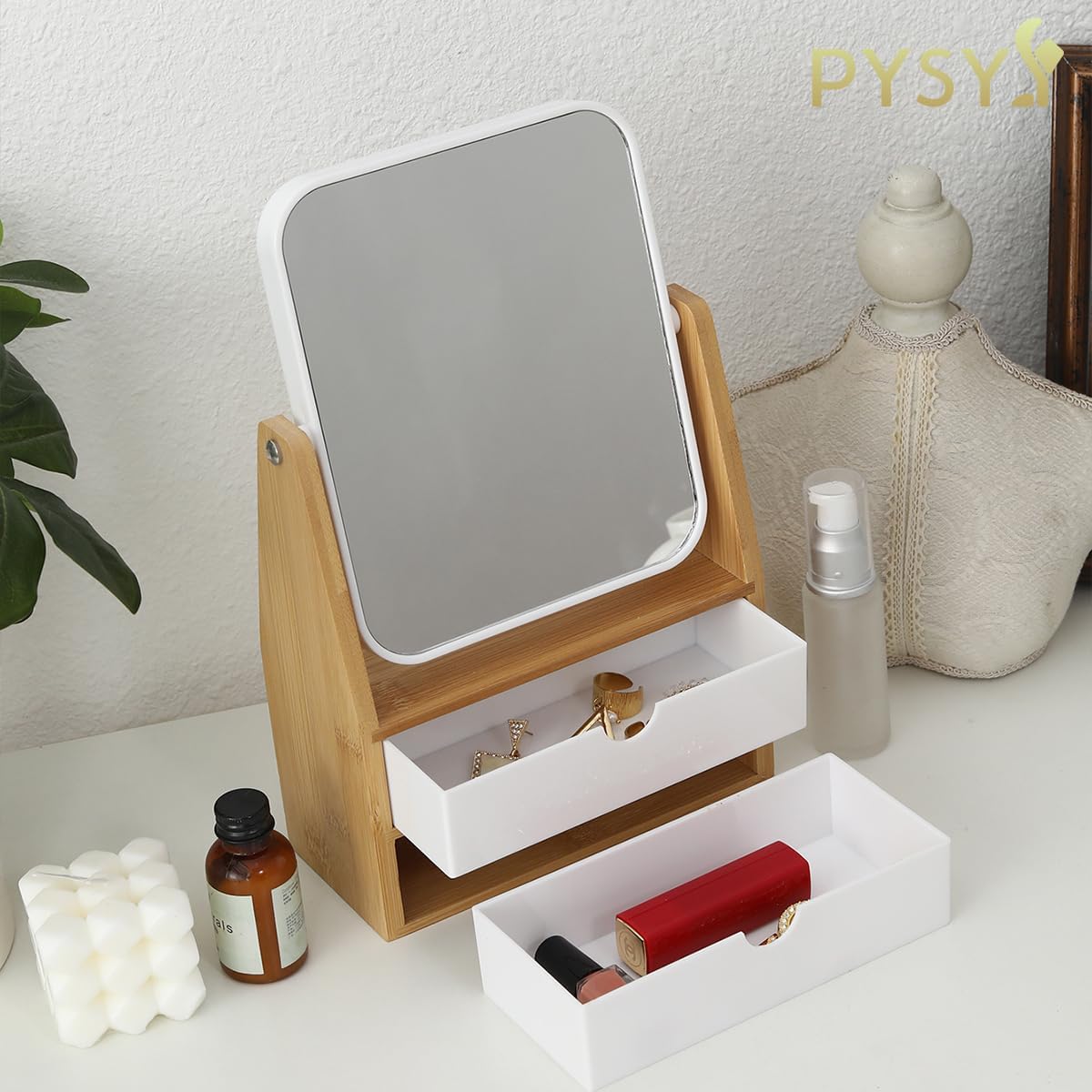Magnifying Makeup Mirror - 1x/5x Dual-Sided with Bamboo Stand & Jewelry Storage Box | 360° Rotatable, Rectangle
