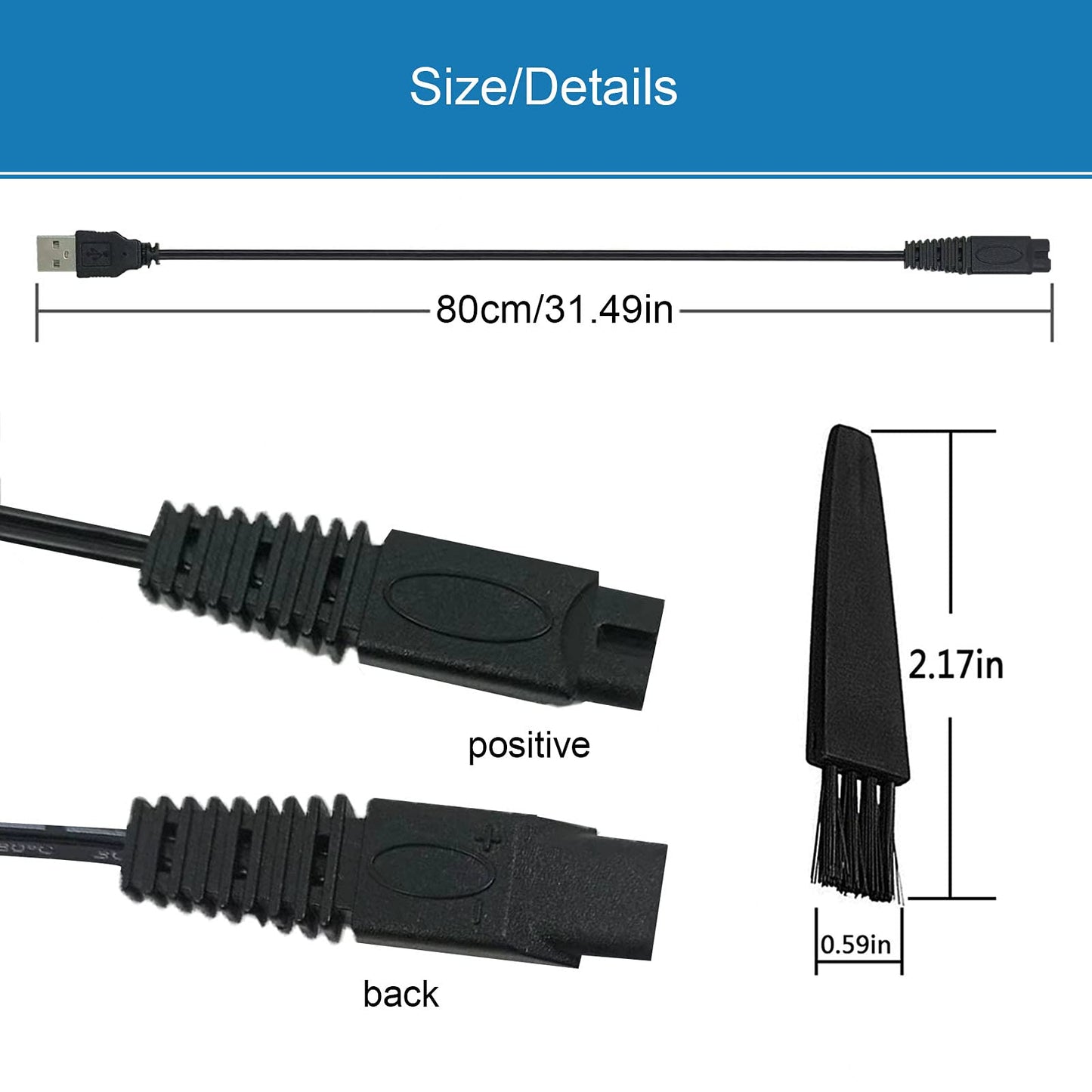 LinMei USB Shaver Charger Compatible with Microtouch Solo Men's Rechargeable Full Body Hair Trimmer Original Replacement 31.5 in Solo Charger Cord with Cleaning Brush