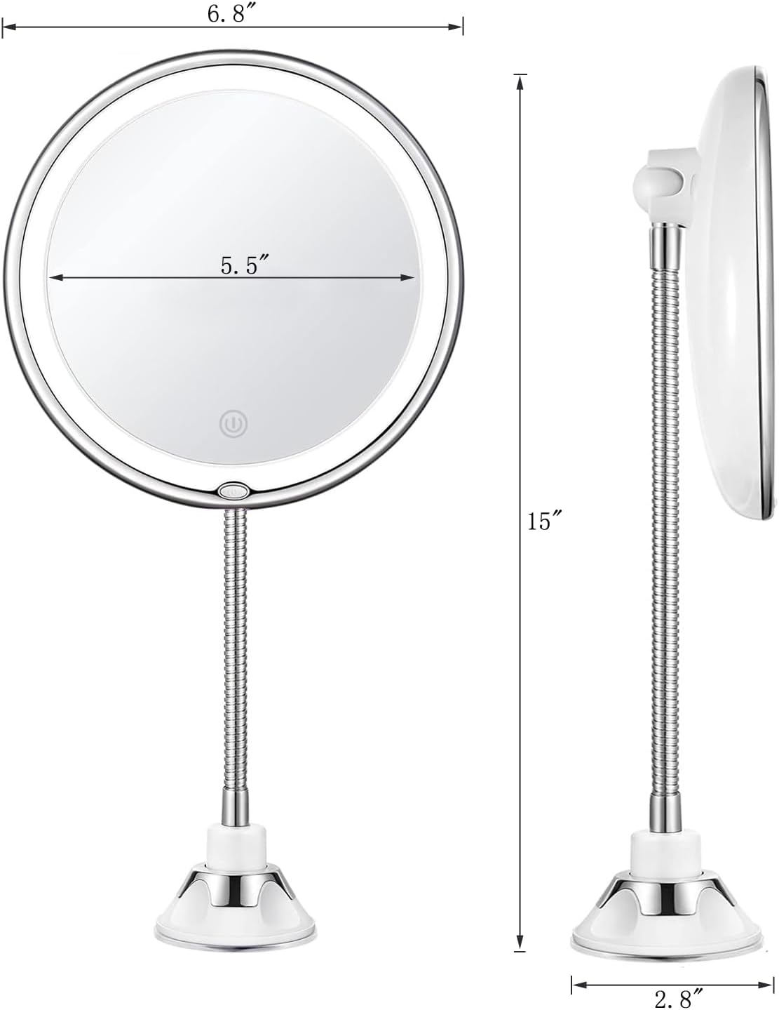 Upgraded Flexible Gooseneck LED 10X Magnifying Makeup Mirror - 3 Dimmable Lights, Suction Cup & 360° Swivel | Portable for Travel & Home