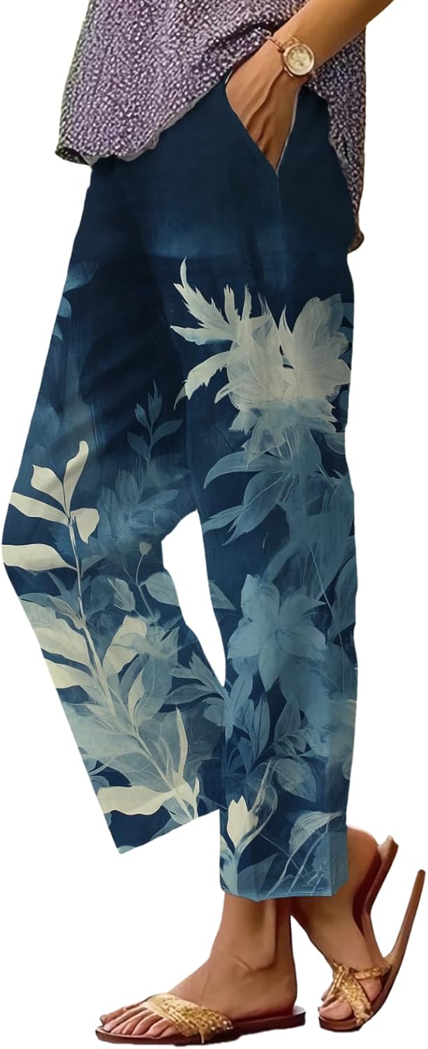 Women's Boho Floral Wide Leg Capris - Elastic Waist, Loose Fit Beach Pants | Casual Summer Trousers