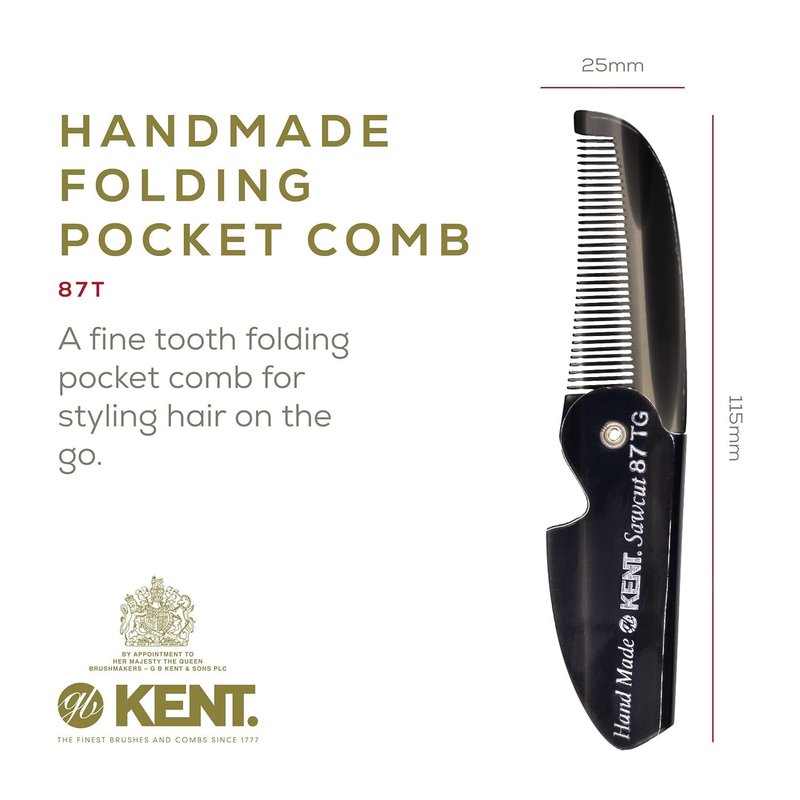 Kent 87T TW Handmade Folding Pocket Comb for Men, Fine Tooth Hair Comb Straightener for Everyday Grooming Styling Hair, Beard or Mustache, Use Dry or with Balms, Saw Cut Hand Polished, Made in England