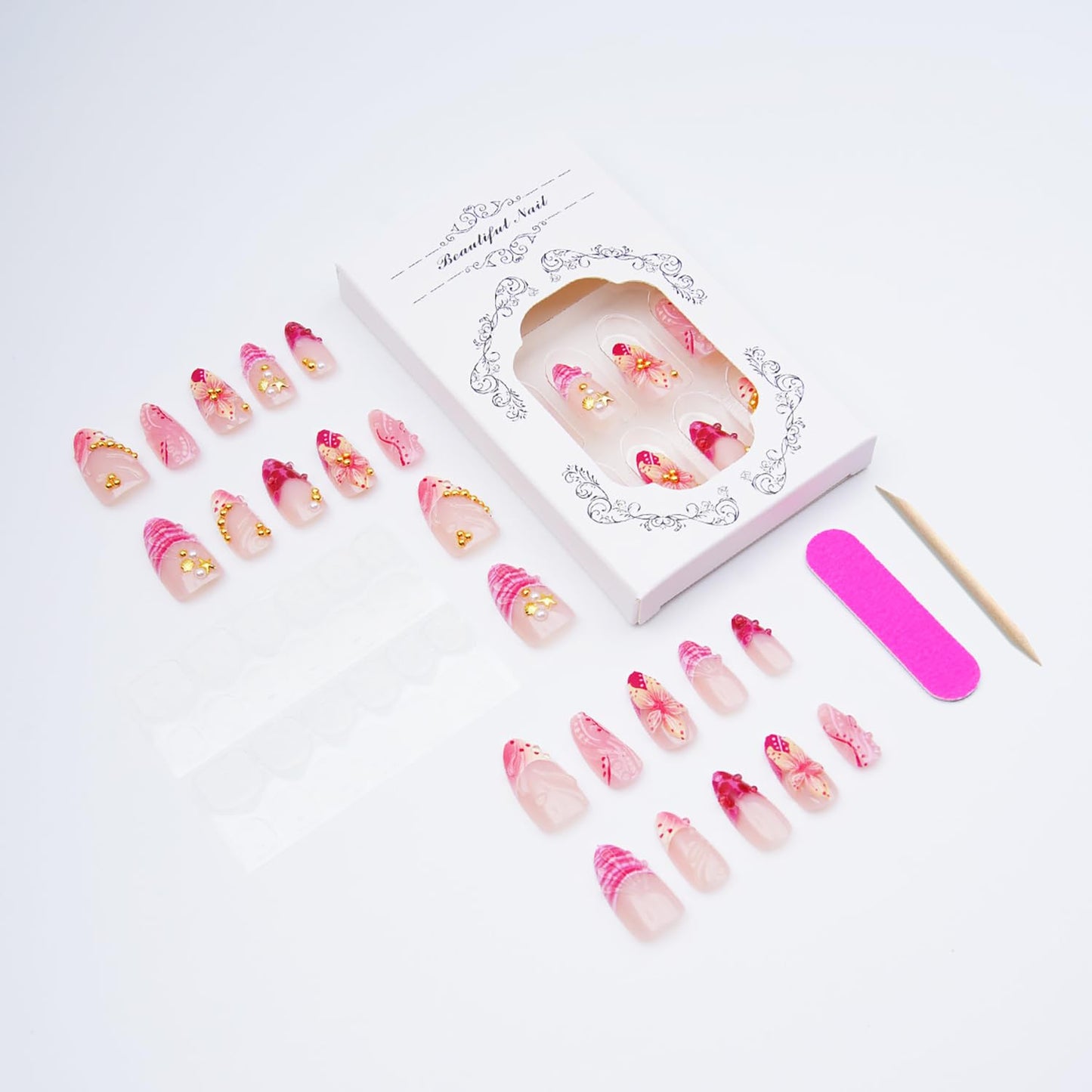 30Pcs Summer Beach Press-On Nails - Medium Almond Acrylic with Gold Seashell & Starfish 3D Designs | Full Cover for Women