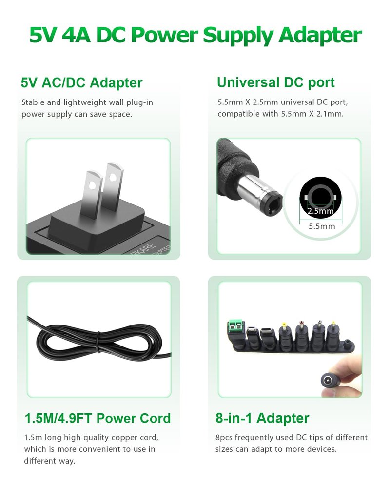 Arkare 5V 4A Power Supply Adapter 20W 4.9FT AC/DC Charger AC 100V-240V to DC 5V 4A 3.5A 3A 2.5A 2A 1.5A 1A Power Adapter for Jetson Nano Raspberry Pi Security Camera Monitor Graco Swing with 8TIPS