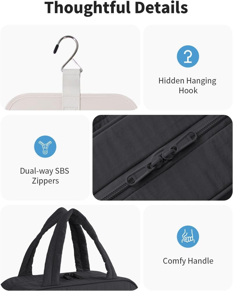 Hanging Travel Toiletry Bag for Women - Quilted Makeup Organizer | Portable Black Bathroom Bag for Essentials & Cosmetics