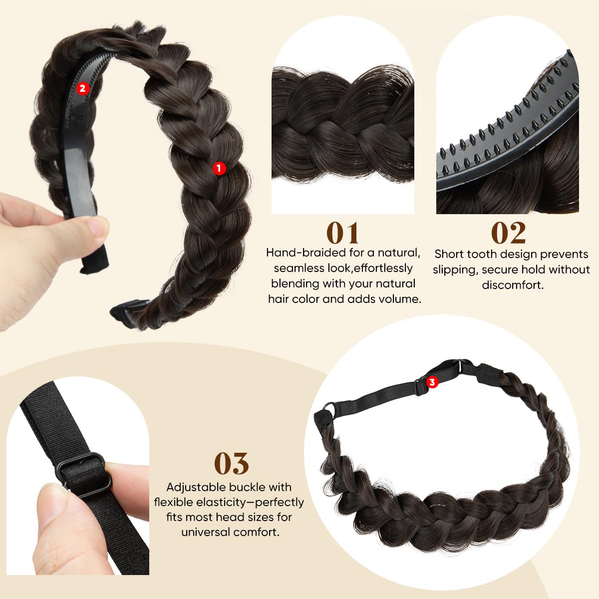 CJL Hair 2PC Braided Headbands for Women - Handmade Synthetic Hair Hoops | Dark Chocolate