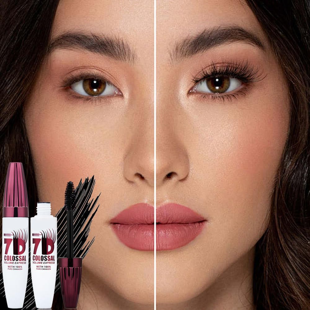 2pcs 7d Mascara Fiber Lashes Waterproof, Colossal Mascara Black Long-Lasting & Buildable Volume, Natural Length, Exquisitely Full Lashes, Smudge-Proof, Thickening Eye Makeup for Defined Curl (0.35 oz)