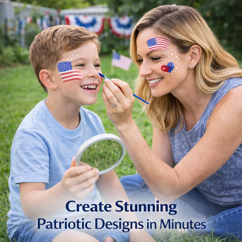 Oiomniv Red White Blue Face Paint Kit for Kids & Adults, Patriotic Face Paint with Glitter, 30 Stencils, Water-Based USA Flag Face Paint for 4th of July, Independence Day, Sports, Parties