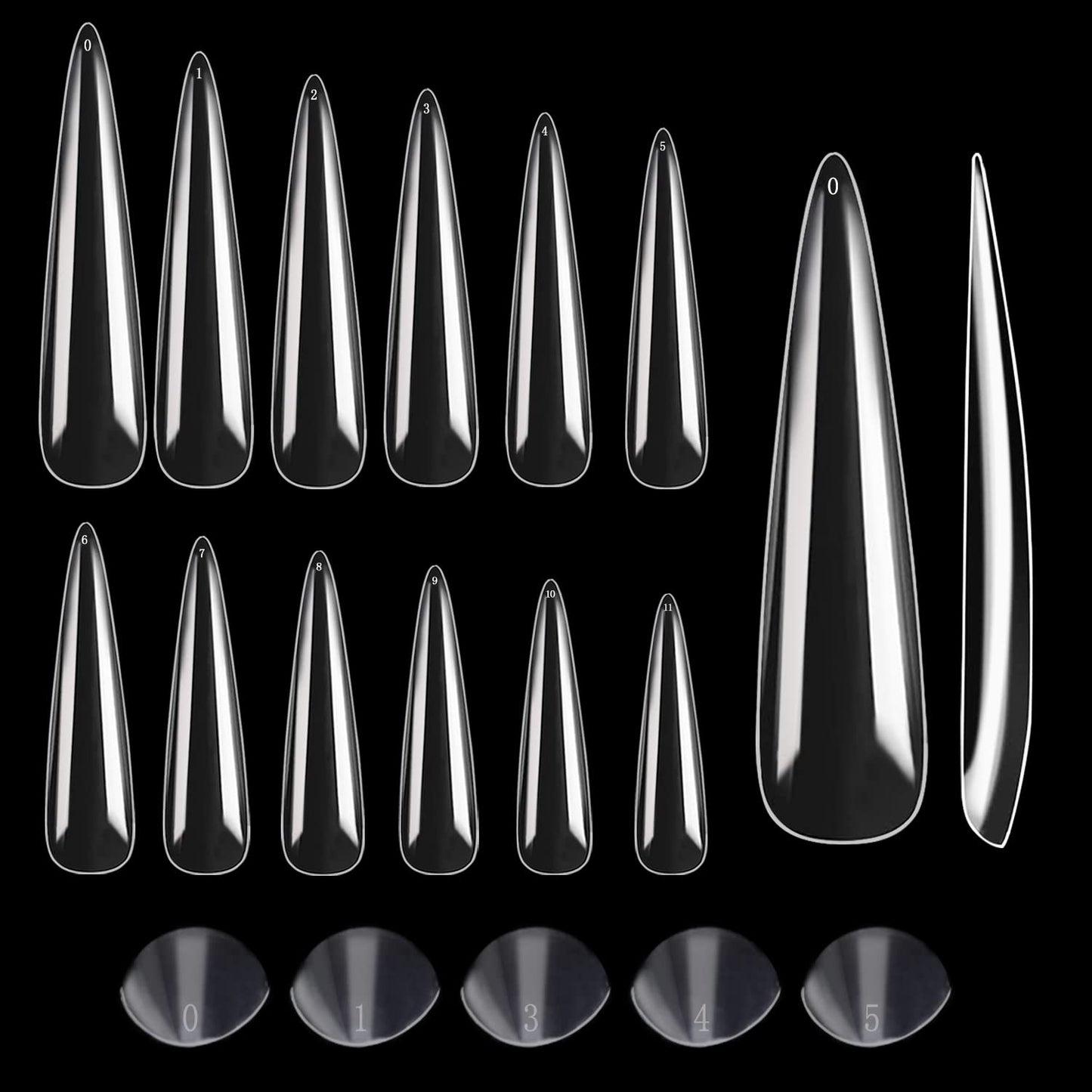 Stiletto Nail Tips - 600PCS XXXL Extra Long Full Cover for Acrylic Nails | 12 Sizes Clear Flattened Fake Nails