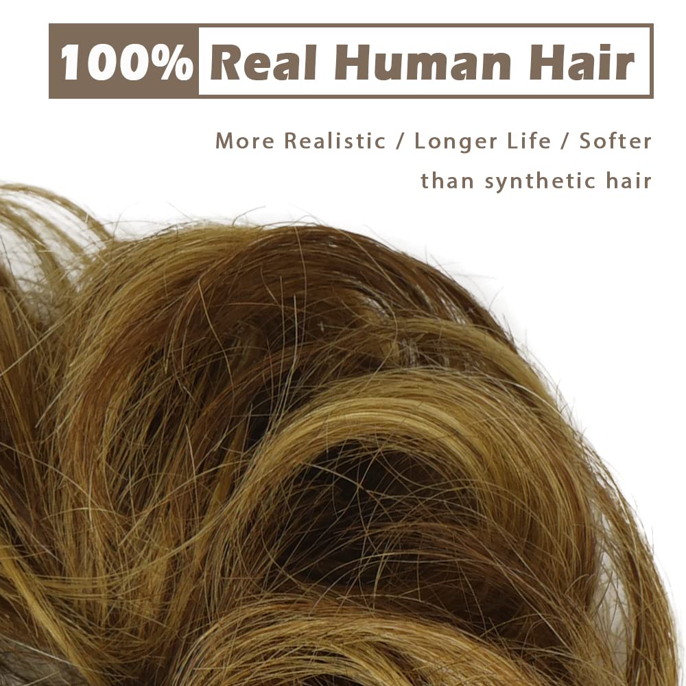 BARSDAR 100% Human Hair Bun Extension - Elastic Wavy Curly Messy Bun Scrunchies for Women - Brown Blonde Real Human Hair Updo Extensions Thick Fluffy Chignons Hairpieces - Brown mix Blonde