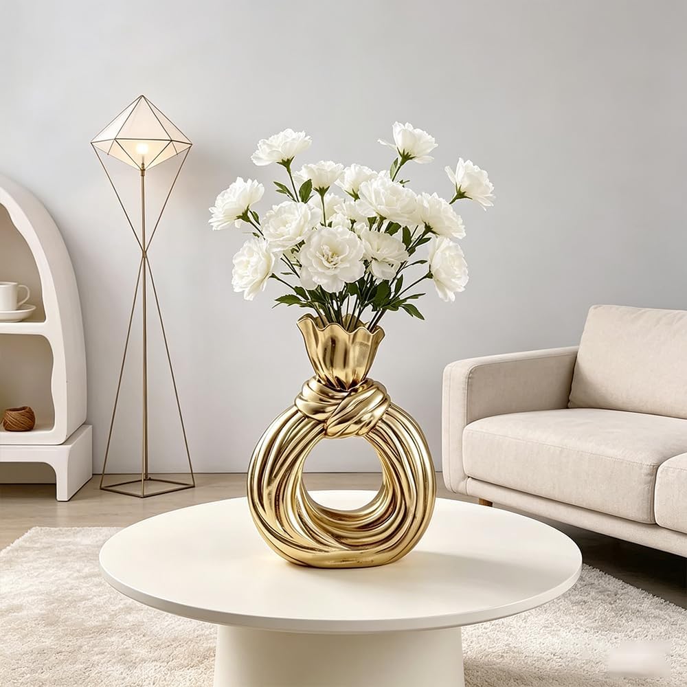 Gold Resin Hollow Ring Vase - Knot-Shaped Bud Vase for Flowers | Tabletop Wedding Centerpiece Home Décor