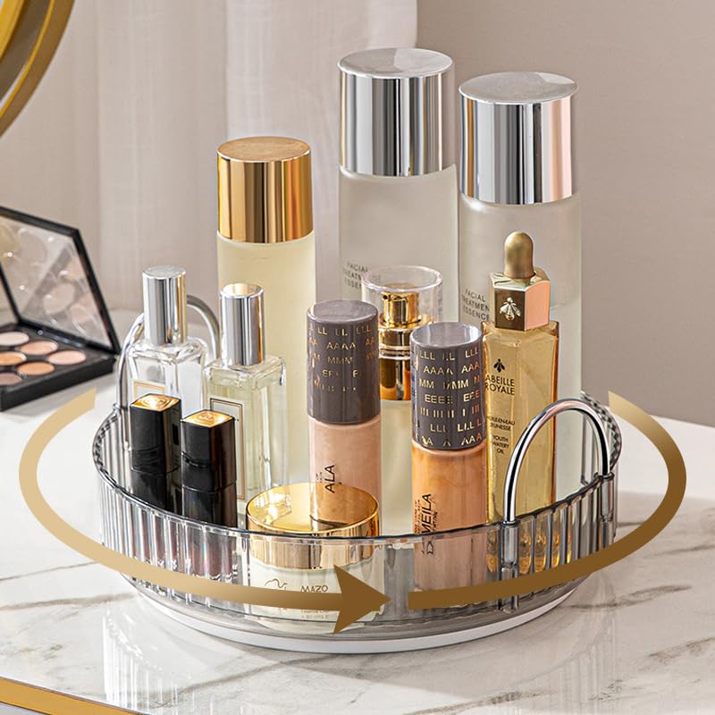 Rotating Makeup Organizer - 3 Tier Clear Cosmetic Holder for Vanity | Grey Perfume & Skincare Storage