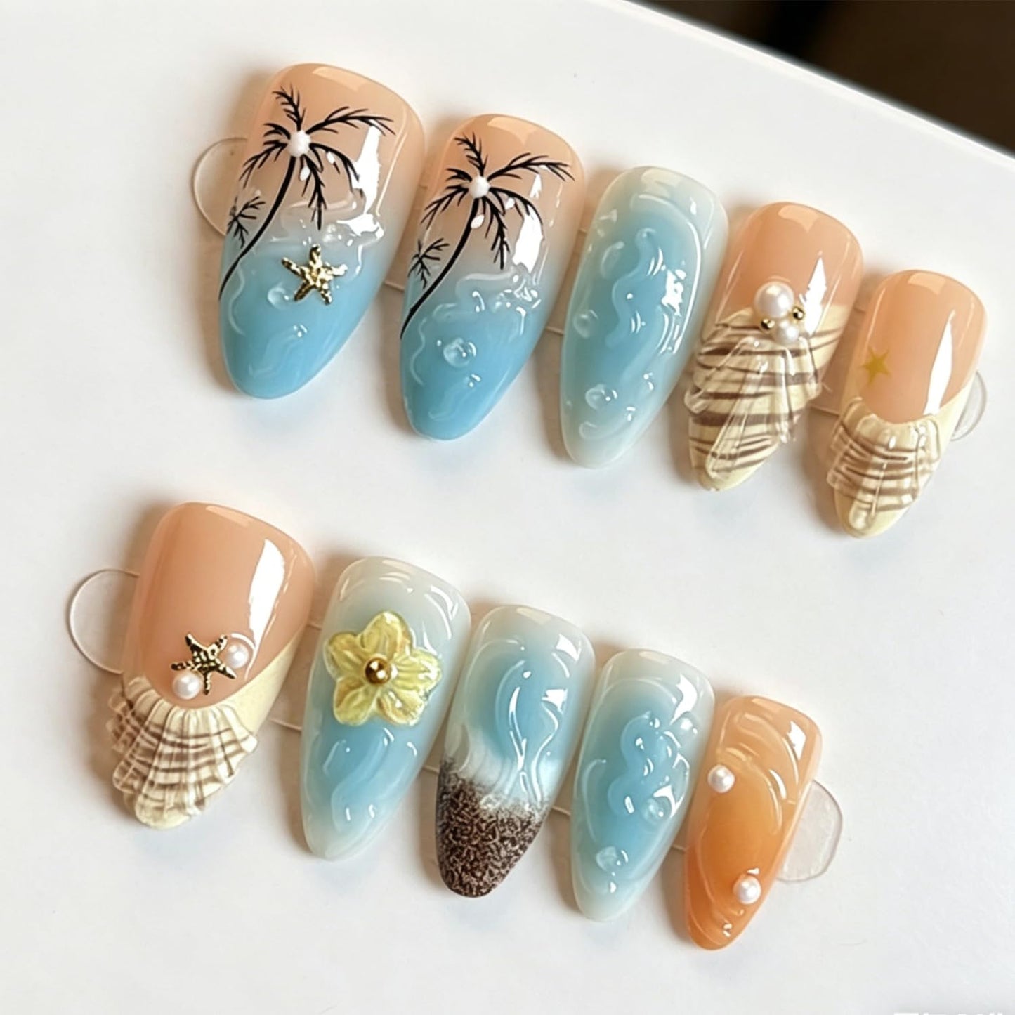 French Tip Press-On Nails - 30pcs Medium Almond Acrylic with 3D Flower & Pearl Design | Reusable Summer Nail Art