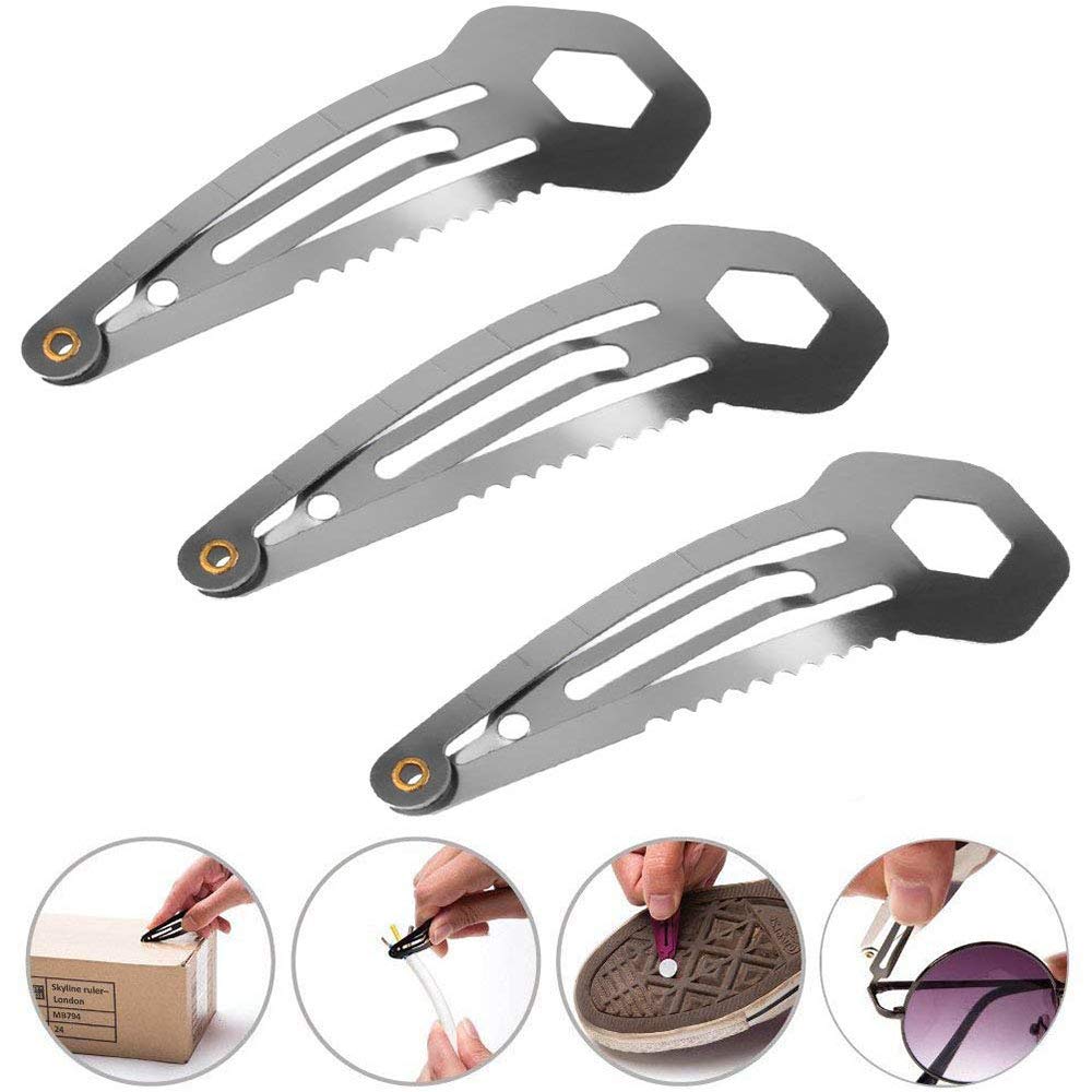Mini Multi-Functional Hair Clip Stainless Steel Hairpin Women Self-Defense Tool EDC Survival Kit,Ruler/Bottle Opener/Box Cutter/Screw Driver/Scrapper/Trolley Coin Survival Tool(6-Pack,Silver and
