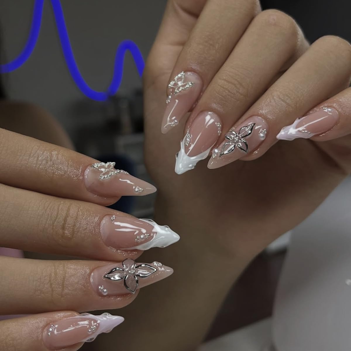 French Tip Almond Press-On Nails - Cat's Eye Acrylic with 3D Charms | 24 Pcs Set
