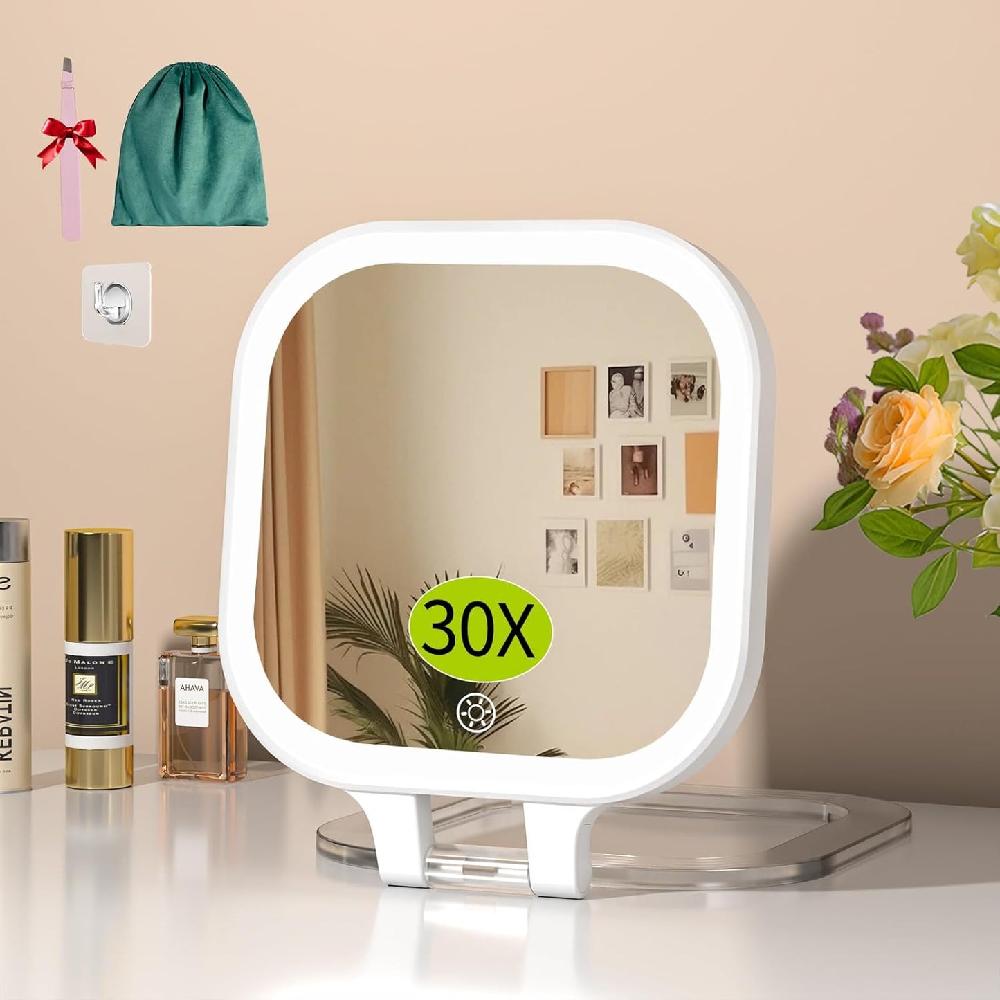 FUNTCH 7" Travel Makeup Mirror - 30X Magnification, Rechargeable Double-Sided Lighted Vanity Mirror with 3 Color Lights & Adjustable Brightness | 300° Rotation, Perfect Gift for Women, White