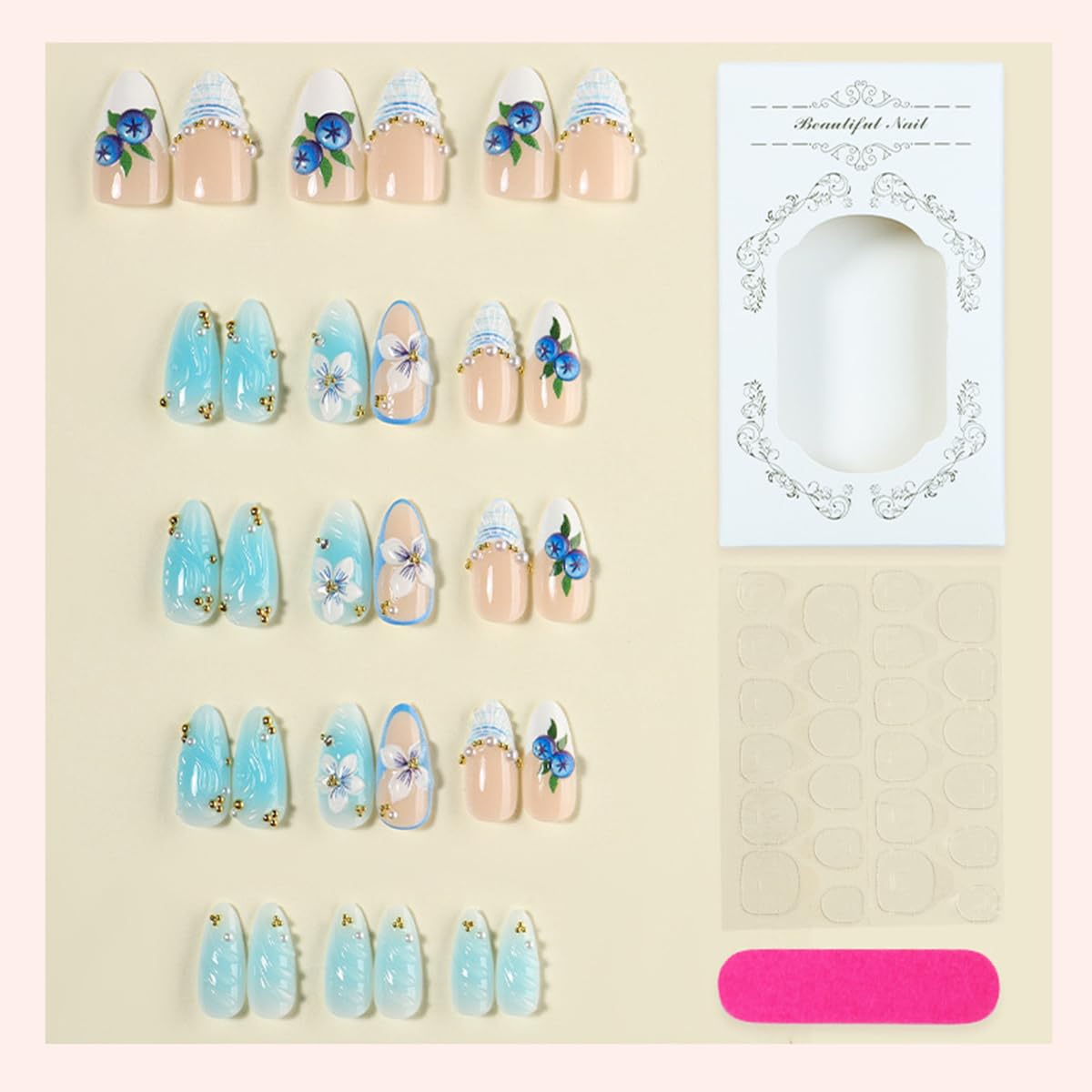 30Pcs Handmade Press-On Nails | Medium Almond 3D Ocean Wave Blueberry Floral Design with Pearls & Rhinestones