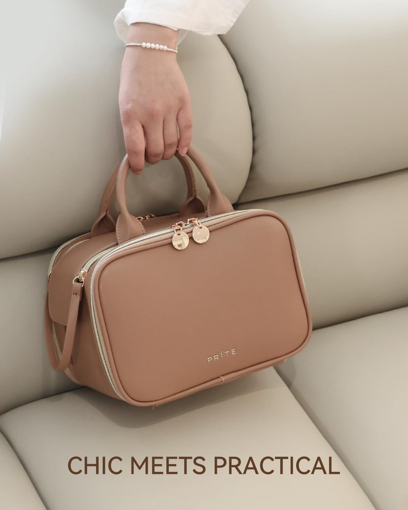 Makeup Bag for Women - Large Capacity Waterproof Travel Organizer | Portable Flat Toiletry Bag with Brush Holder (Brown Medium)