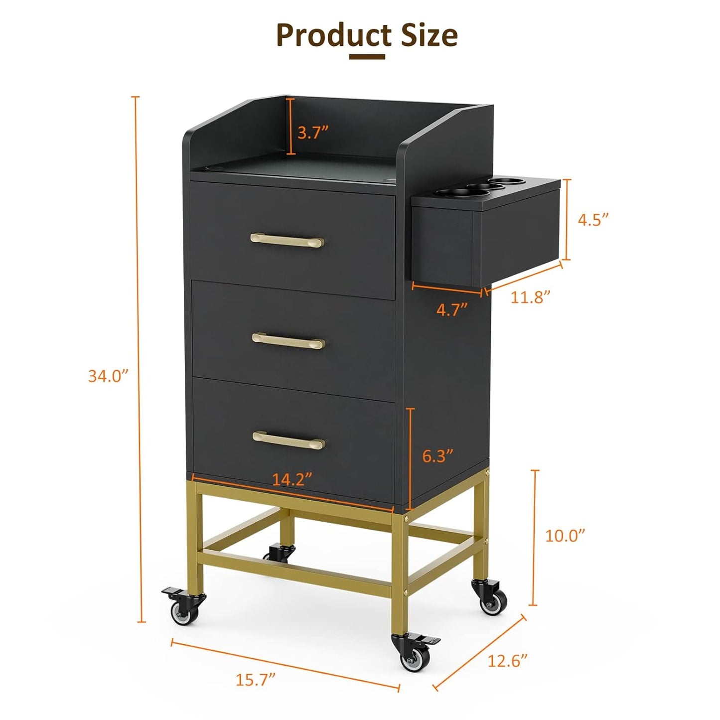 Beauty Salon Storage Trolley Cart - Glass Top Hair Station Cabinet with Lockable Wheels | Black