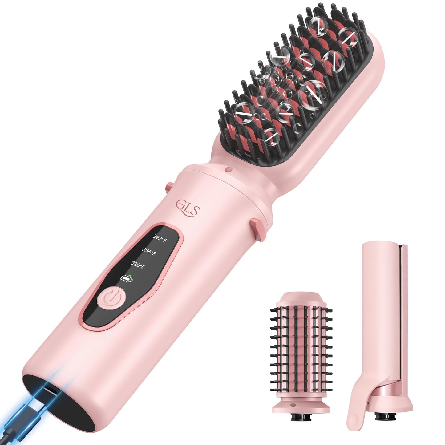 GLS 3-in-1 Cordless Hair Straightener Brush, Portable Cordless Curling Iron Brush and Flat Iron Heads, Hair Styling Set, USB Rechargeable for On-the-Go Styling, Fast Heat, Travel Friendly, Pink