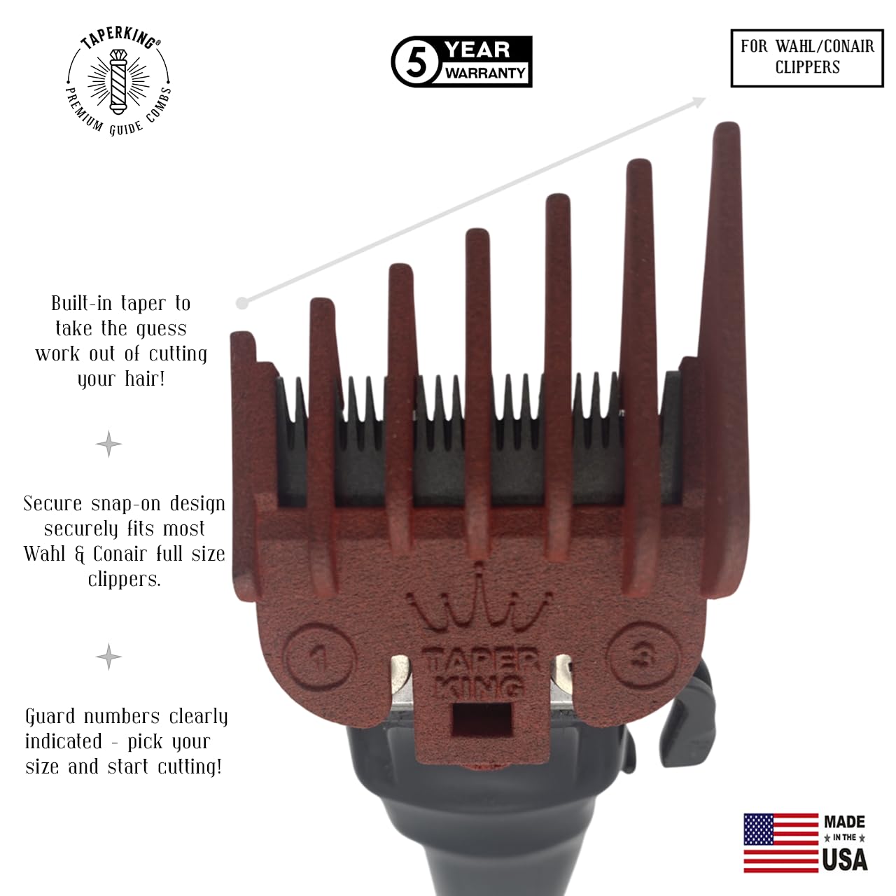 Taper King Clipper Guide Combs - Fool Proof Tapers & Fades at Home! Ruby (#1 to #3) - Compatible with Wahl/Conair Clippers!