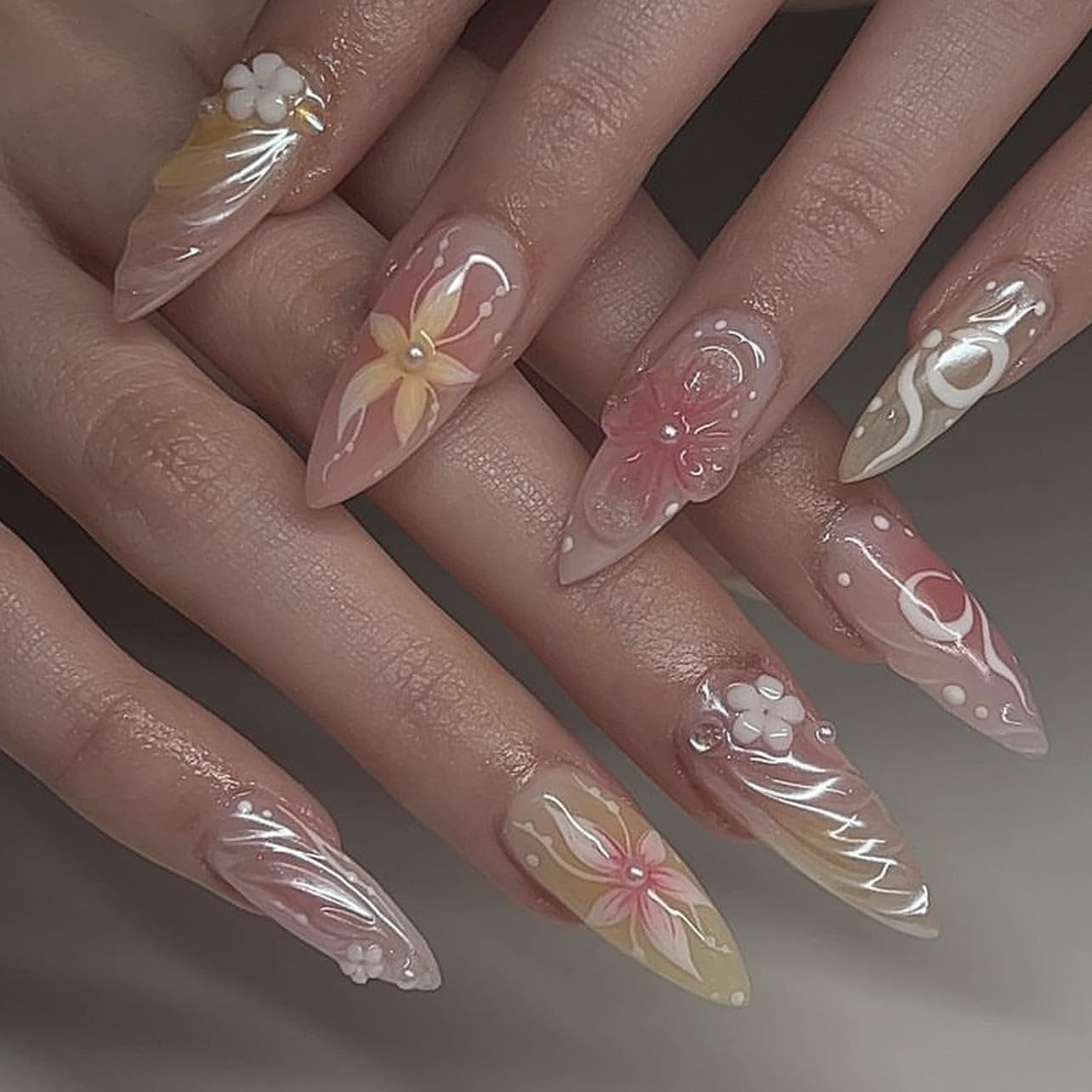 Almond Press-On Nails - Ombre Purple Floral Butterfly Design | 24 Full Cover Rhinestone False Nails for Women