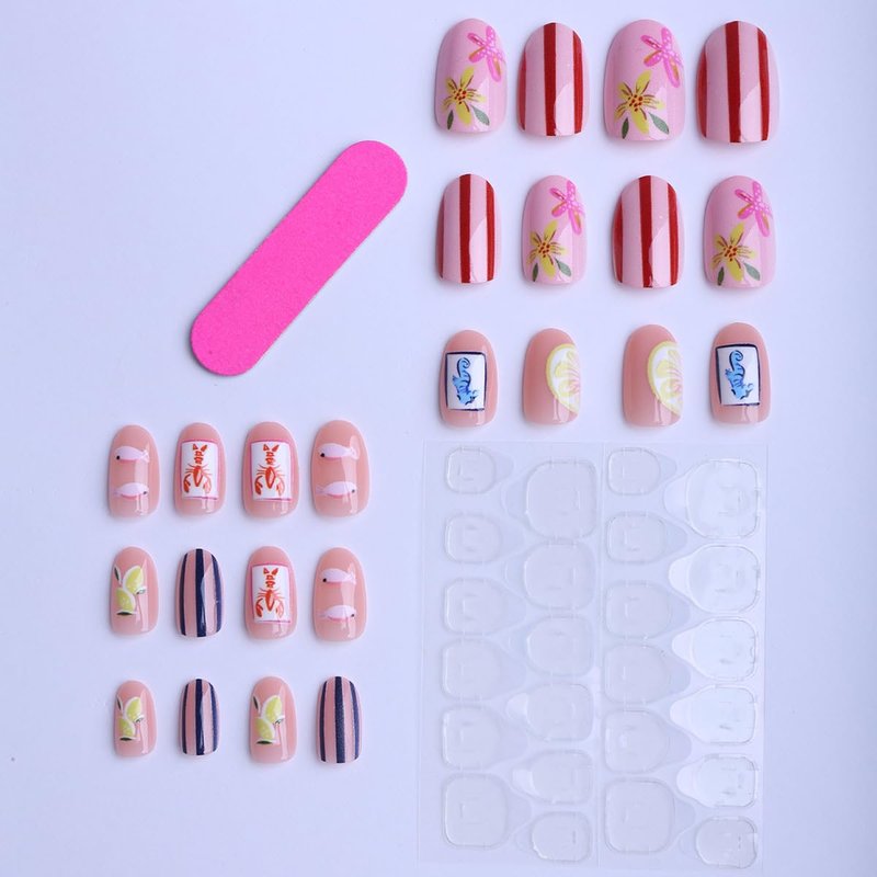 Summer Press-On Nails - Short Oval Fake Nails with Lemon Flower & Seahorse Design | Reusable 24 Pcs for Easy Application